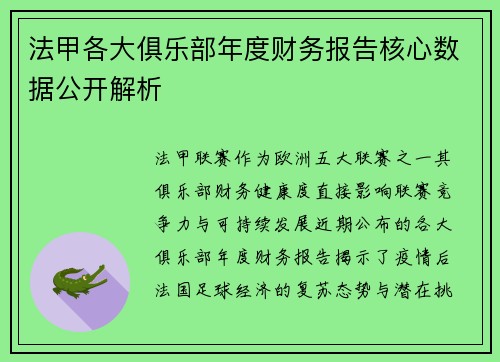法甲各大俱乐部年度财务报告核心数据公开解析