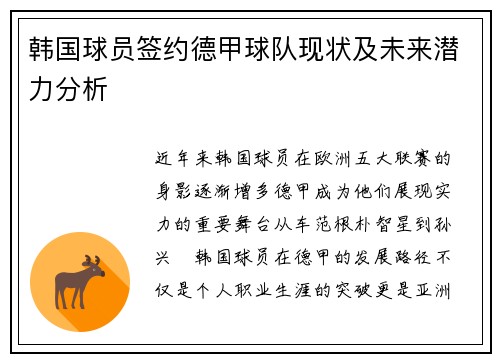 韩国球员签约德甲球队现状及未来潜力分析